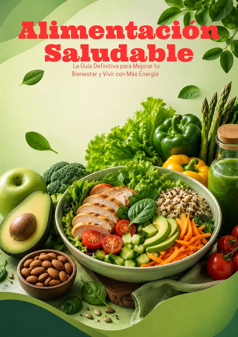 Portada del ebook Alimentación Saludable: un bol de verduras, legumbres y fruta fresca sobre fondo verde